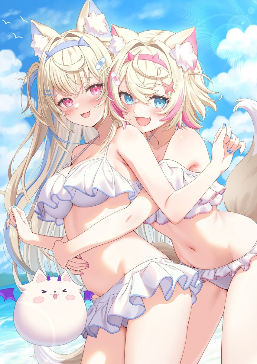 >_< 2girls :3 animal_ear_fluff animal_ears bandaid bandaid_hair_ornament bikini blonde_hair blue_eyes blue_hair blue_hairband blue_sky blush breasts cloud commentary crossed_bangs dog_ears dog_girl dog_tail double-parted_bangs fake_horns fang frilled_bikini frills fuwawa_abyssgard hair_between_eyes hair_intakes hair_ornament hairband hairclip highres hololive hololive_english horn_hairband kotone_neruneru long_hair looking_at_viewer midriff mococo_abyssgard multicolored_hair multiple_girls navel open_mouth perroccino_(fuwamoco) pink_eyes pink_hair pink_hairband siblings sisters sky streaked_hair swimsuit tail tongue twins two_side_up virtual_youtuber water white_bikini x_hair_ornament