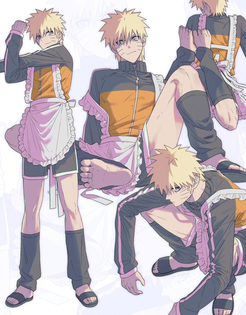1boy absurdres alternate_costume apron black_socks blonde_hair blue_eyes closed_mouth commentary_request cross-body_stretch facial_mark feet frilled_apron frills full_body highres innagw0 kneehighs korean_commentary long_sleeves looking_at_viewer loose_socks male_focus multiple_views naruto_(series) sandals shoes socks spiked_hair squatting standing toenails toes uzumaki_naruto waist_apron whisker_markings white_apron zipper