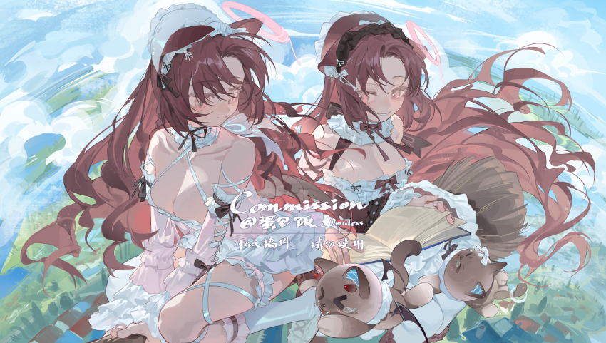 2girls animal book breasts broom broom_riding brown_hair cleavage cloud commission danbaofan_omuless hair_ornament multiple_girls original riding