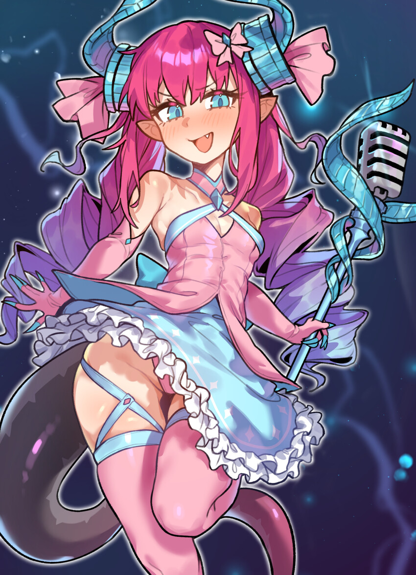 1girl absurdres bare_shoulders blue_eyes blue_skirt blush breasts curled_horns dragon_girl dragon_horns dragon_tail dress elbow_gloves elizabeth_bathory_(fate) fang fate/grand_order fate_(series) gloves hair_ribbon highres horns layered_skirt long_hair looking_at_viewer microphone microphone_stand open_mouth pink_dress pink_gloves pink_hair pink_thighhighs pointy_ears radishkek ribbon skirt small_breasts smile solo tail thighhighs thighs two_side_up