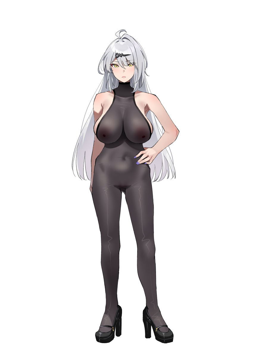1girl absurdres ahoge bairimeng bare_arms black_shoes bodystocking breasts commentary_request covered_erect_nipples covered_navel full_body hand_on_own_hip high_heels highres large_breasts long_hair looking_at_viewer revision shoes simple_background sleeveless sleeveless_turtleneck solo standing turtleneck variant_set white_background white_hair yellow_eyes yixuan_(zenless_zone_zero) zenless_zone_zero
