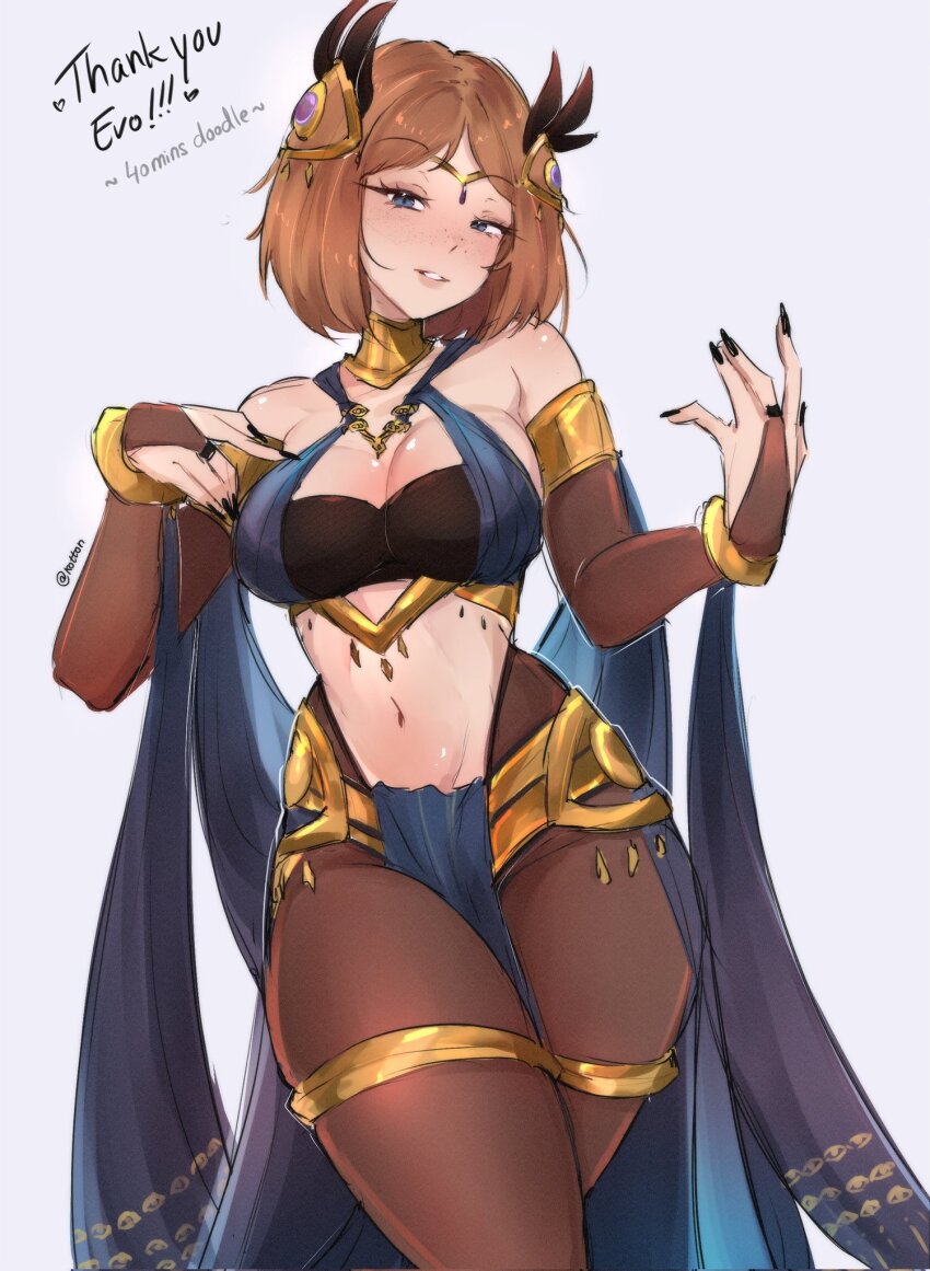 1girl alternate_costume blue_eyes borrowed_character breasts bridal_gauntlets brown_bridal_gauntlets brown_hair brown_pantyhose cleavage commentary commission commissioner_name cosplay dancer dorothea_arnault dorothea_arnault_(plegian) dorothea_arnault_(plegian)_(cosplay) english_commentary female_kiran_(fire_emblem) fire_emblem fire_emblem_heroes highres kiran_(fire_emblem) large_breasts navel nintendo pantyhose parted_bangs parted_lips serafineart1001 short_hair sideboob simple_background sketch skindentation smile stomach thank_you white_background