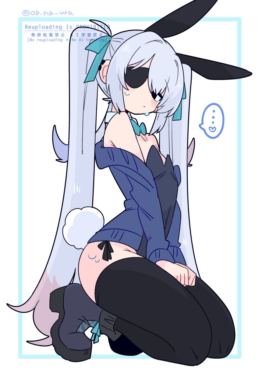 animal_ears black_corset black_leotard black_thighhighs blue_cardigan blush cardigan colored_tips corset covered_navel crossdressing crossdressing_(mtf) detached_collar earclip eyepatch fake_animal_ears fake_tail flipped_hair grey_tail highres leotard long_hair looking_at_viewer male_focus male_playboy_bunny multicolored_hair narrowed_eyes nervous_sweating no_nose one_eye_covered op_na_yarou open_cardigan open_clothes original playboy_bunny quad_tails rabbit_boy rabbit_ears rabbit_tail raised_inner_eyebrows rigel_(op_na_yarou) solo strapless strapless_leotard sweat sweatdrop tail thighhighs trap