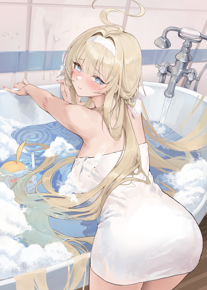 1girl @_@ absurdres ahoge ass azur_lane bathtub bent_over blonde_hair blue_eyes blush breasts commentary_request from_behind hair_intakes hairband highres janload1ng large_breasts long_hair looking_at_viewer looking_back massena_(azur_lane) massena_(sweetly_intoxicating_spring)_(azur_lane) naked_towel official_alternate_costume soap_bubbles solo thighs towel water white_hairband