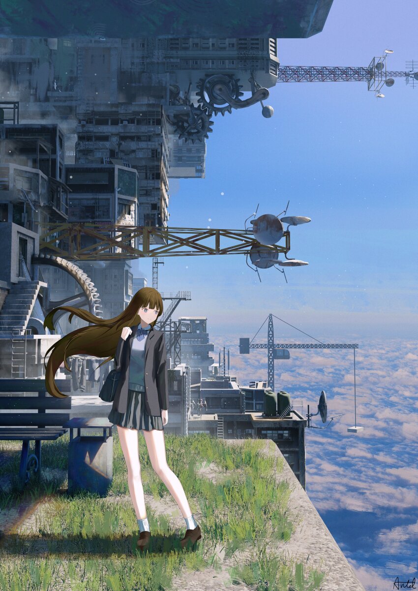 1girl 3d above_clouds absurdres antel_1811 arm_at_side blue_bow blue_bowtie blue_sky bow bowtie brown_hair brown_shoes building cloud commentary_request crane_(machine) day floating_city floating_hair full_body gears grass grey_eyes grey_hair grey_skirt grey_sweater hand_up highres jacket long_hair long_sleeves miniskirt open_clothes open_jacket original outdoors pleated_skirt radio_tower satellite_dish school_uniform science_fiction shoes skirt sky socks solo standing sweater white_socks