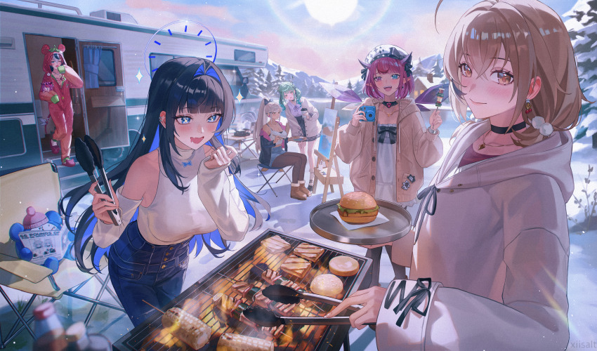 +_+ 6+girls :d absurdres ahoge animal_ears antlers beret black_bow black_choker black_hair black_jacket black_pantyhose black_ribbon black_skirt black_streaks blonde_hair blue_eyes blue_hair blue_pants blue_shorts bob_cut boots bow breasts brown_boots brown_cardigan brown_eyes brown_hair burger cable_knit camera camper_trailer cardigan ceres_fauna ceres_fauna_(jirai_kei) choker closed_mouth colored_inner_hair commentary cooking crossed_bangs dark-skinned_female dark_skin day denim denim_shorts detached_sleeves double-parted_bangs dress drooling earrings flower_earrings food green_hair grill grilling hair_between_eyes hair_bow hair_intakes hair_ornament hair_ribbon hakos_baelz hakos_baelz_(strawberry_onesie) halo hat hat_bow heterochromia high-waist_pants high-waist_skirt highres holding holding_camera holding_tongs holocouncil hololive hololive_english holopromise hood hood_up hooded_cardigan hoodie horns irys_(casualrys)_(hololive) irys_(hololive) jacket jeans jewelry jirai_kei kronie_(ouro_kronii) large_breasts long_hair long_sleeves looking_at_viewer low_twintails medium_hair miniskirt mouse_ears mouse_girl mouse_tail mouth_drool multicolored_hair multiple_girls nanashi_mumei nanashi_mumei_(casual) neck_ribbon necklace official_alternate_costume official_alternate_hairstyle onesie open_cardigan open_clothes open_mouth ouro_kronii ouro_kronii_(casual) outdoors painting_(action) painting_(object) pants pantyhose pink_eyes pointy_ears pom_pom_(clothes) pom_pom_hair_ornament ponytail puffy_long_sleeves puffy_sleeves purple_hair purple_ribbon recreational_vehicle red_hair red_shirt ribbon shirt short_hair shorts sidelocks sitting skirt sleeveless sleeveless_turtleneck smile sparkle_print standing sun tail tongs trailer tsukumo_sana turtleneck twintails very_long_hair virtual_youtuber white_dress white_hat white_hoodie white_shirt white_streaks xiisalt