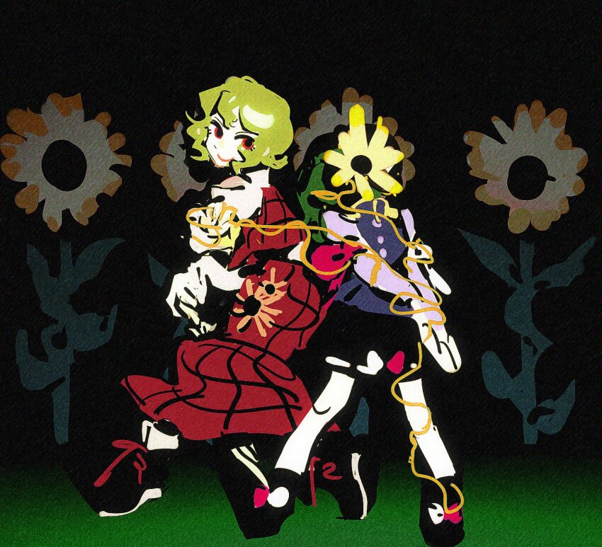 2girls black_skirt blue_vest bound bow bumi35903802 closed_mouth closed_umbrella commentary_request covered_face facing_viewer film_grain flower footwear_bow from_behind full_body green_hair highres holding holding_umbrella horror_(theme) kazami_yuuka legs_apart long_skirt looking_back medium_hair multiple_girls no_lineart plaid_clothes plaid_skirt plaid_vest purple_shirt red_hair red_skirt red_vest ribbon-trimmed_skirt ribbon_trim shiki_eiki shirt short_hair skirt smile sunflower tied_up_(nonsexual) touhou umbrella vest white_shirt