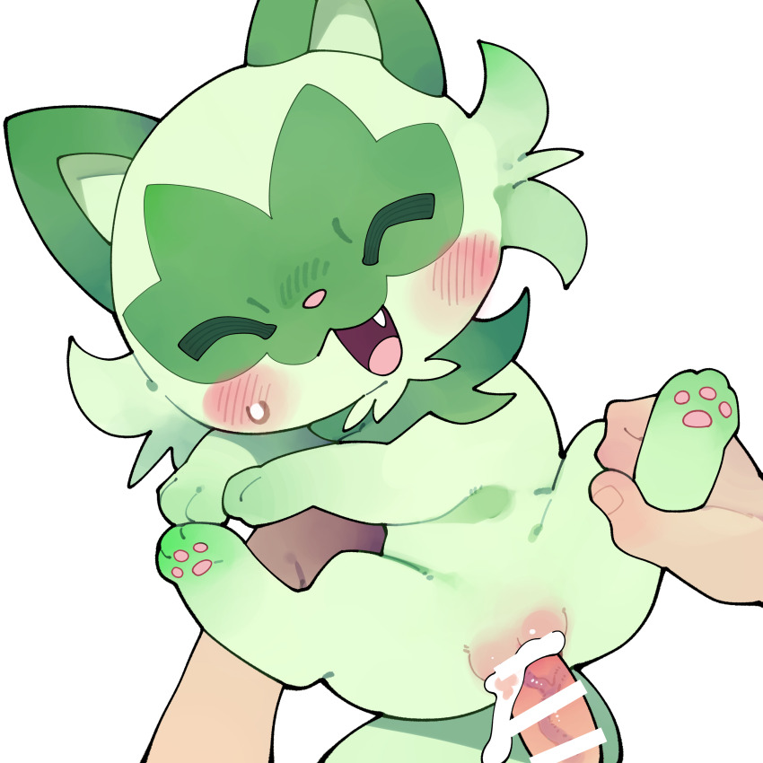 1boy 1girl absurdres animal_ears bar_censor bestiality blush cat_ears cat_tail censored closed_eyes fang gen_9_pokemon green_fur hetero highres nintendo open_mouth penis pokemon pokemon_(creature) pokephilia pussy sex spread_legs sprigatito tail vaginal veins veiny_penis white_background youjo_modoki