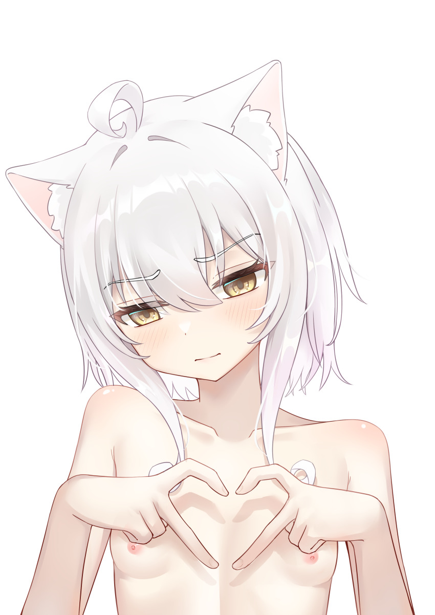 1girl absurdres animal_ear_fluff animal_ears breasts cat_ears cat_girl commentary_request embarrassed empty_eyes four-finger_heart_hands frown furrowed_brow heart heart_hands highres light_blush original short_hair simple_background small_breasts topless_female upper_body white_background white_hair yellow_eyes zhai_mi_xing_hui