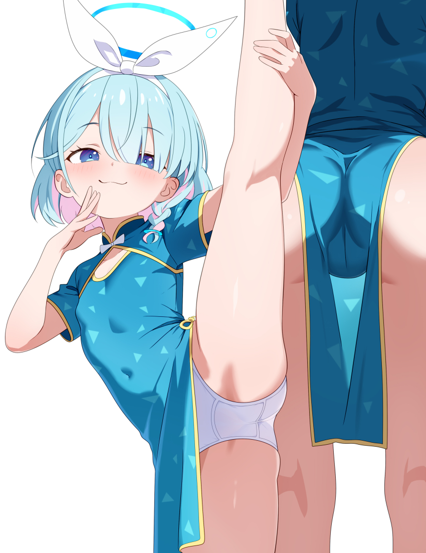 1girl :3 absurdres alternate_costume annrichan arona_(blue_archive) ass blue_archive blue_dress blue_hair blue_halo braid china_dress chinese_clothes closed_mouth colored_inner_hair dress flat_chest hairband halo highres leg_up loli looking_at_viewer multicolored_hair multiple_views panties pelvic_curtain pink_hair short_sleeves simple_background single_braid smile split standing standing_on_one_leg standing_split thighs two-tone_hair underwear white_background white_hairband white_panties