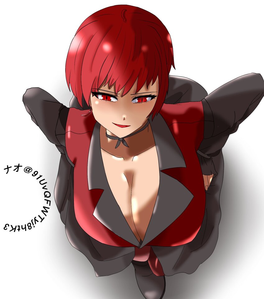 1girl 91uvqfwtyj8htk3 breasts curvy dress female_focus formal_clothes huge_breasts large_breasts looking_at_viewer pale_skin pantyhose red_eyes red_hair shoes skirt smile smiley_face standing suit tan the_king_of_fighters thick_thighs thighs vice_(kof) wide_hips
