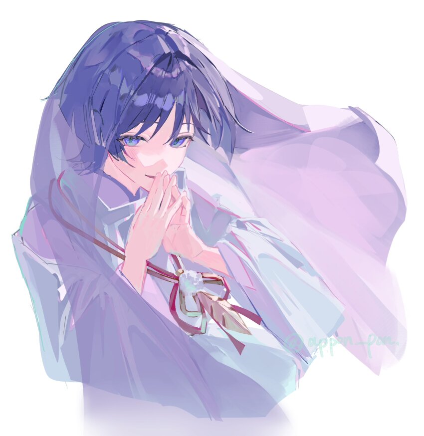 1boy appon_pon blunt_ends choppy_bangs clothing_cutout eyelashes feathers genshin_impact hands_up highres interlocked_fingers japanese_clothes kariginu kimono layered_sleeves light_blush long_sleeves looking_at_viewer male_focus open_mouth own_hands_together pom_pom_(clothes) purple_eyes purple_hair purple_kimono purple_sleeves scaramouche_(genshin_impact) scaramouche_(kabukimono)_(genshin_impact) shoulder_cutout smile solo string tsurime twitter_username upper_body white_background white_sleeves wide_sleeves yellow_feathers