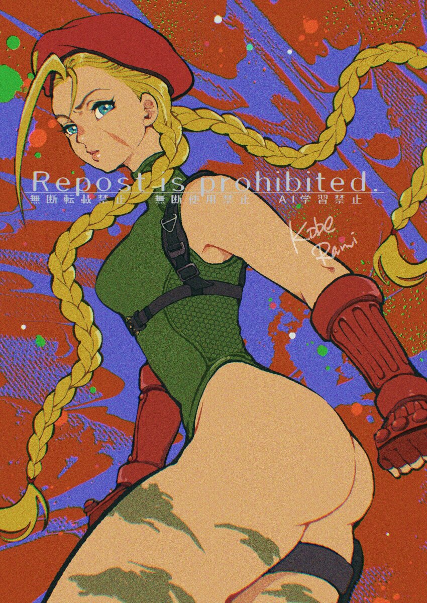 1girl absurdres artist_name ass bare_shoulders beret blonde_hair blue_eyes braid breasts cammy_white camouflage chest_harness clenched_hands commentary_request cowboy_shot facial_scar fingerless_gloves furrowed_brow gloves green_leotard harness hat heattech_leotard highres holster koberakobe leotard long_hair medium_breasts red_gloves red_hat scar scar_on_cheek scar_on_face solo street_fighter street_fighter_6 thigh_holster thighs turtleneck twin_braids