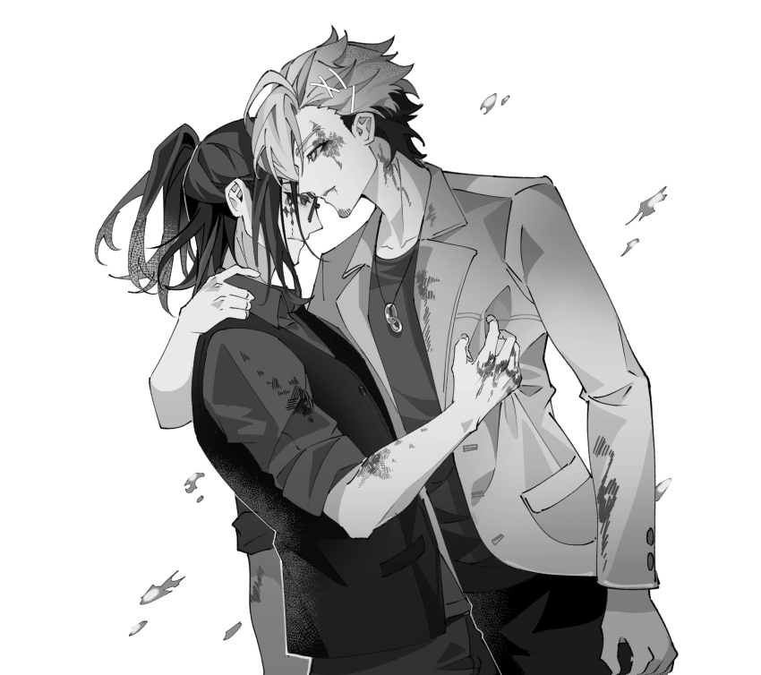 2boys ahoge aladdin_(sinoalice) beard blood blood_on_clothes blood_on_face closed_mouth collared_shirt comforting commentary commission english_commentary facial_hair glasses hair_ornament hair_over_one_eye hairclip hameln_(sinoalice) highres hug jacket jewelry kongmuzhuo male_focus medium_hair multicolored_hair multiple_boys necklace open_mouth pants parted_lips ponytail reality_arc_(sinoalice) ring shirt sidelocks sinoalice sleeves_rolled_up two-tone_hair vgen_commission white_background yaoi