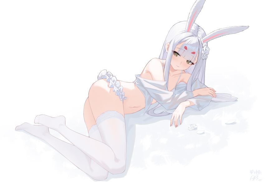 1girl animal_ears ass azur_lane bare_shoulders blush breasts clothes_pull commentary_request cropped_shirt eyeshadow flower full_body hair_flower hair_ornament hands_up highres legs legs_folded long_hair lying makeup navel official_alternate_costume on_side panties ping_zhong_yu rabbit_ears rabbit_girl rabbit_tail red_eyeshadow shimakaze_(azur_lane) shimakaze_(the_unmoving_rabbit)_(azur_lane) shirt shirt_pull small_breasts smile solo stomach tail thighhighs thighs underwear very_long_hair white_flower white_hair white_panties white_shirt yellow_eyes