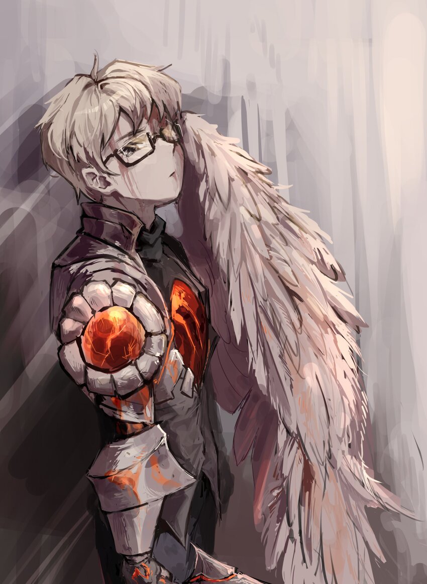 1boy absurdres bennett_soap bleeding blonde_hair blood blood_from_forehead broken_eyewear character_request closed_mouth commentary glasses highres holding holding_sword holding_weapon library_of_ruina male_focus project_moon short_hair solo standing sword weapon wings