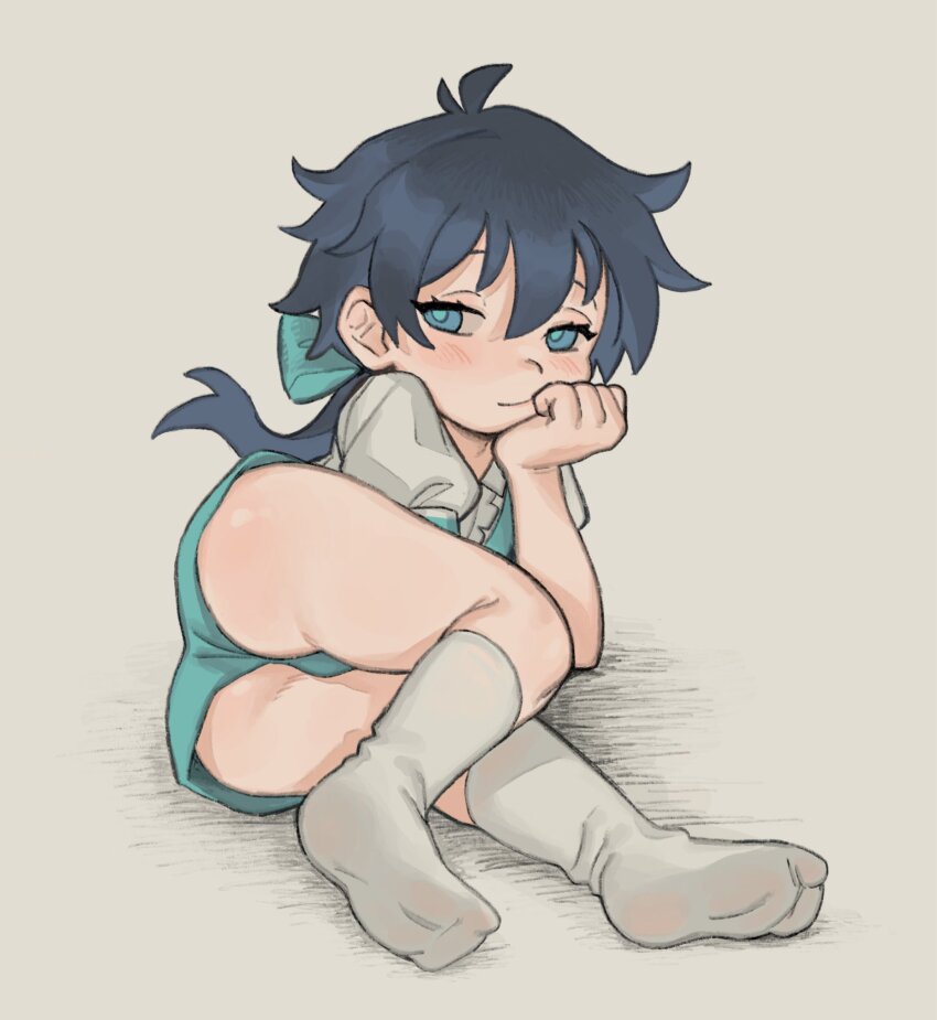 1boy ass black_hair character_request closed_mouth commentary copyright_request english_commentary full_body grey_background hair_between_eyes hand_on_own_chest highres lloyd_de_saloum looking_at_viewer lying male_focus no_shoes on_side short_hair shota simple_background snugglepuff28 socks solo tensei_shitara_dai_nana_oji_datta_no_de:_kimama_ni_majutsu_o_kiwamemasu thighs toes trap white_socks