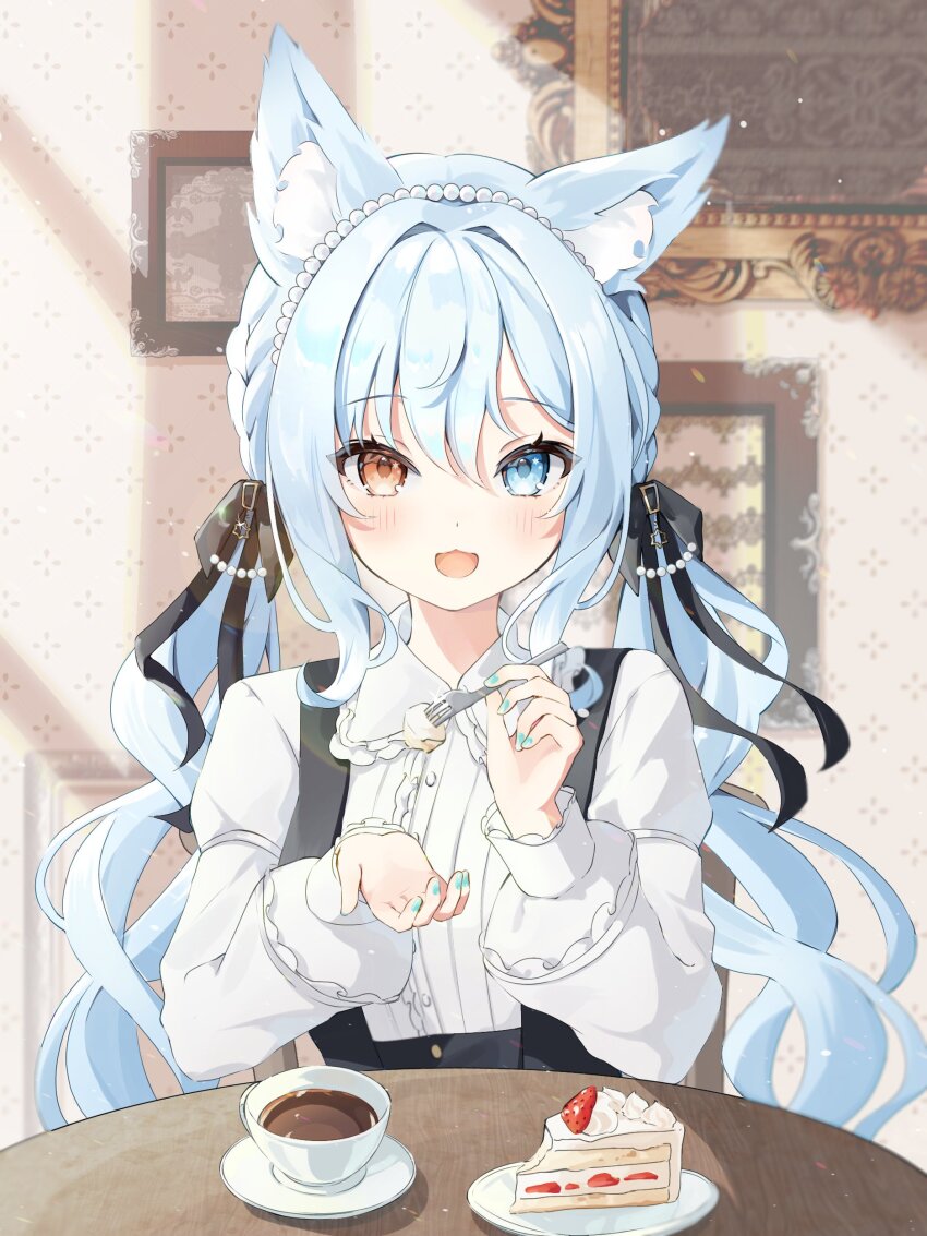 1girl absurdres animal_ears black_ribbon blue_eyes blue_hair blue_nails cake cake_slice coffee collared_shirt commentary_request commission food fork fox_ears fox_girl hair_ribbon heterochromia highres holding holding_fork indie_virtual_youtuber long_hair long_sleeves looking_at_viewer low_twintails open_mouth orange_eyes ribbon sakuragi_kohaku second-party_source shinohana_yukino shirt solo strawberry_cake sunlight twintails virtual_youtuber white_shirt