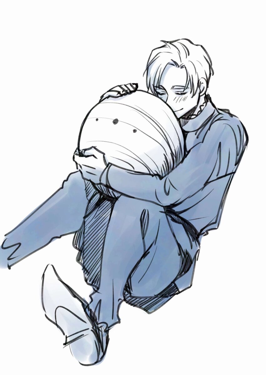 1boy absurdres belt blush chi.:_chikyuu_no_undou_ni_tsuite closed_eyes closed_mouth commentary_request floating foot_out_of_frame greyscale highres hugging_object jacket male_focus monochrome osaka_n_a pants parted_bangs rafal_(chi.) short_hair sketch smile solo white_background