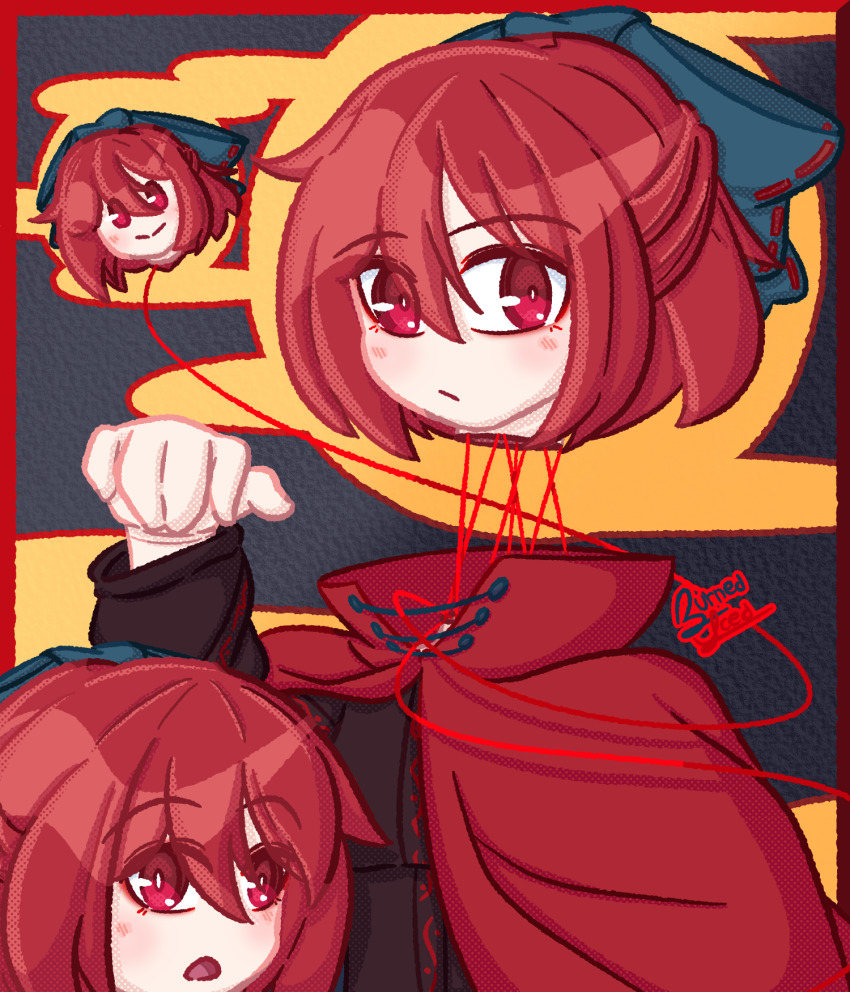 1girl :o arm_up black_background black_shirt blue_bow border bow burned_iced capelet closed_mouth commentary disembodied_head double-parted_bangs english_commentary hair_between_eyes hair_bow highres long_sleeves multiple_heads open_mouth red_border red_capelet red_eyes red_hair sekibanki shirt short_hair smile solo split_mouth string touhou two-tone_background upper_body yellow_background