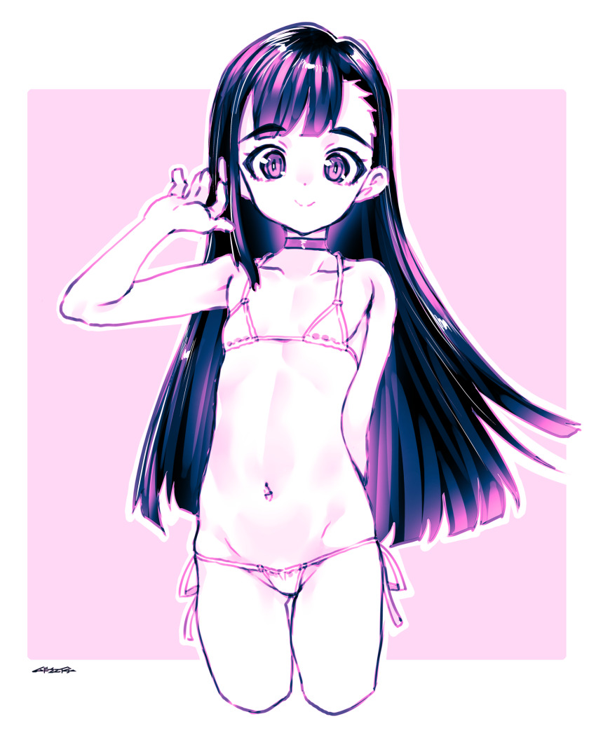 1girl bikini black_hair breasts choker comic_lo highres loli long_hair looking_at_viewer micro_bikini monochrome mudou_eichi navel original side-tie_bikini_bottom small_breasts smile solo swimsuit