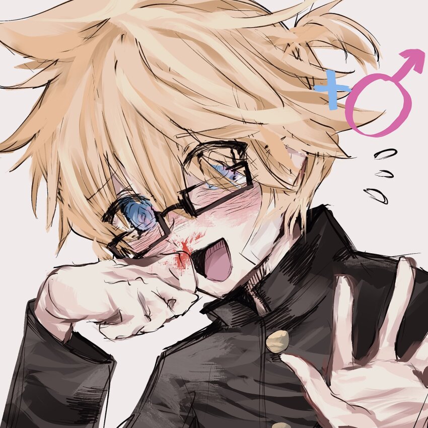 blonde_hair blood blue_eyes glasses highres kagamine_len nosebleed plus_danshi_(vocaloid) sali_(salitawanaka_21) vocaloid
