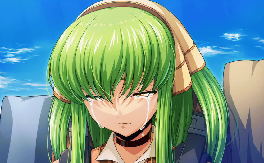 1girl artist_request bag blue_eyes blue_sky c.c. close-up closed_eyes code_geass code_geass:_fukkatsu_no_lelouch code_geass:_lost_stories crying game_cg highres long_hair non-web_source official_art shoulder_bag sky yellow_eyes