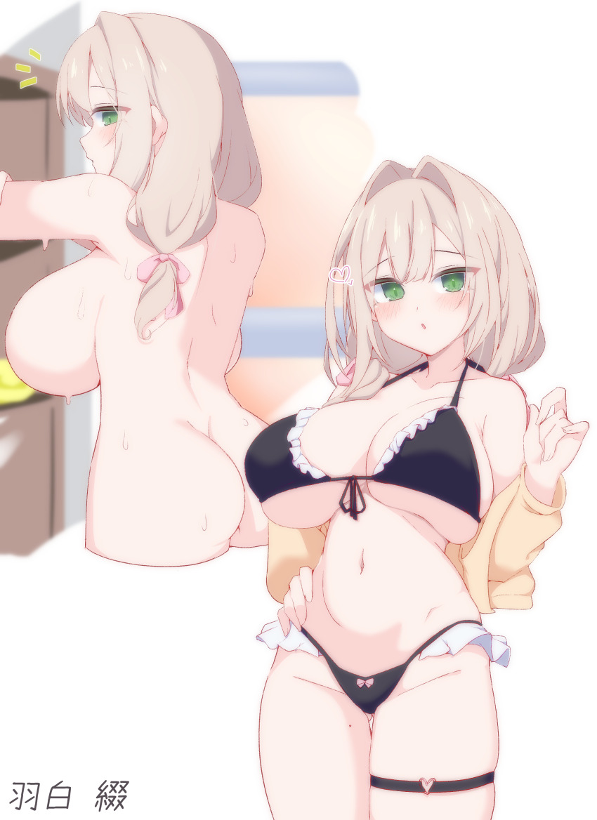 1girl absurdres ass bikini black_bikini blush breasts brown_hair commentary_request frilled_bikini frills gluteal_fold green_eyes hair_ribbon highres kazahari_kazuho large_breasts long_hair looking_at_viewer mole mole_on_thigh multiple_views nude original pink_ribbon ponytail ribbon sideboob swimsuit thigh_strap thighs translation_request wet