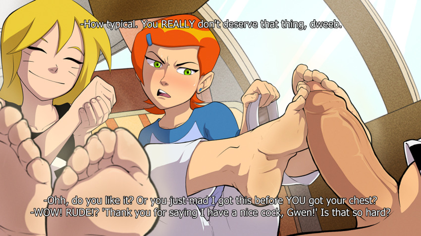 1boy 2girls absurdres barefoot ben_10 ben_tennyson blonde_hair blue_shirt blush commentary english_text erection facial_mark footjob foreskin frown green_eyes gwen_tennyson hair_ornament hairclip hetero highres kiryu_artwork lucy_mann multiple_girls orange_hair pants penis shirt short_hair uncensored whisker_markings white_pants