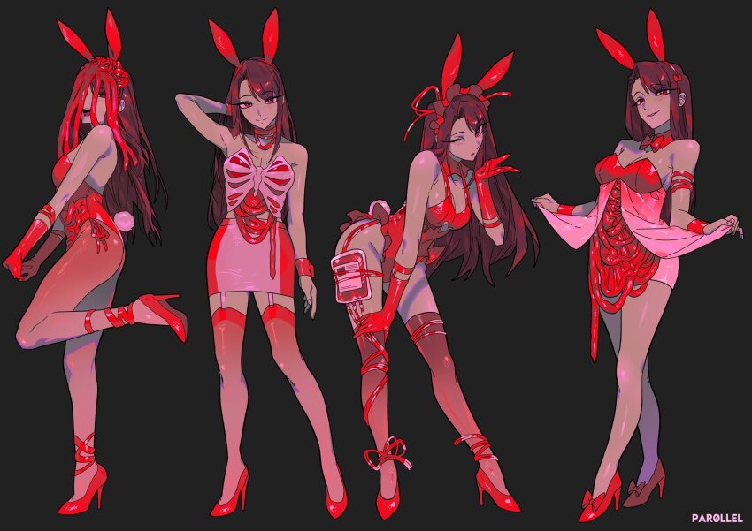 1girl animal_ear_hairband animal_ears arm_behind_head arm_strap black_headdress blood blood_bag blowing_kiss bow bowtie breasts brown_hair cleavage closed_mouth clothes_lift collar commentary detached_collar dress dress_lift elbow_gloves fake_animal_ears from_side full_body gloves grey_background guro hair_bow hairband hand_on_own_thigh hand_up high_heels highres intestine_clothing intravenous_drip leaning_forward leg_ribbon leg_up long_hair looking_at_viewer maid_headdress medium_breasts multiple_views one_eye_closed open_mouth original own_hands_together par0llel rabbit_ear_hairband rabbit_ears rabbit_tail red_bow red_bowtie red_collar red_dress red_eyes red_gloves red_ribbon red_shoes red_thighhighs ribbon ribs shoes smile standing standing_on_one_leg strapless strapless_dress symbol-only_commentary tail thighhighs zettai_ryouiki
