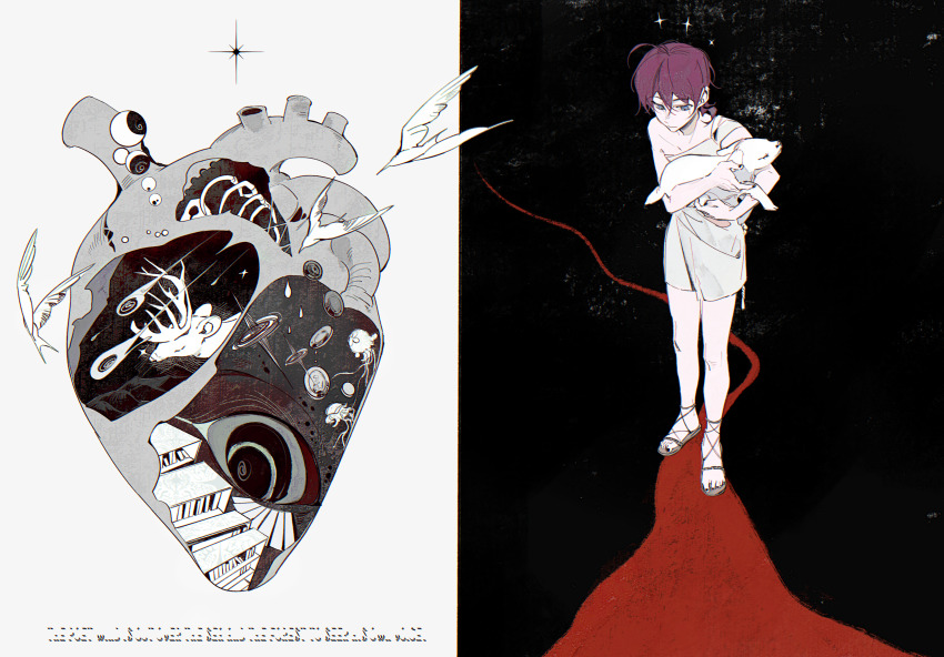 1boy absurdres ahoge animal bird full_body green_eyes hai_yexing_ren heart_(organ) highres holding holding_animal holding_sheep looking_at_animal male_focus original sheep short_hair solo standing white_bird