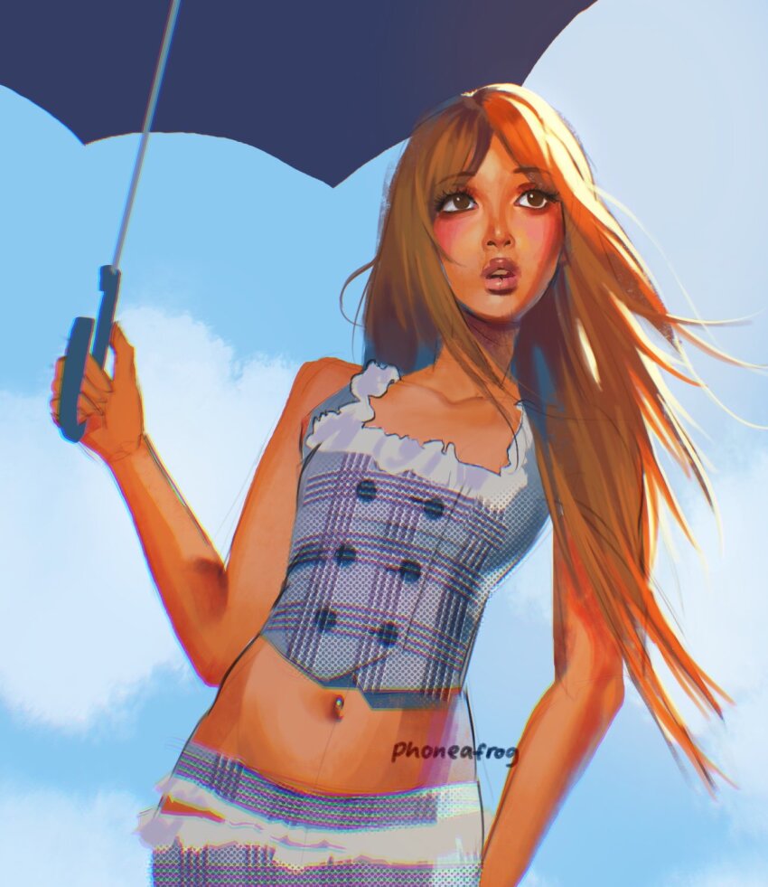 1girl arm_behind_back blue_sky brown_eyes brown_hair buttons chromatic_aberration cloud commentary cowboy_shot dark-skinned_female dark_skin eyelashes fashion floating_hair frilled_skirt frilled_vest frills from_below grey_skirt grey_vest highres holding holding_umbrella lips long_hair midriff modeling navel navel_piercing open_mouth parted_bangs parted_hair phoneafrog piercing pinkpantheress plaid_clothes plaid_shirt plaid_vest real_life shirt sidelighting skirt sky sleeveless square_neckline straight_hair sunlight symbol-only_commentary teeth umbrella unfinished upper_teeth_only vest