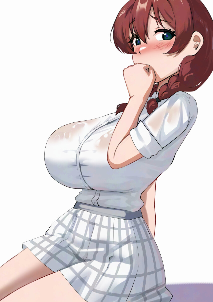 1girl aqua_eyes arm_support blush braid breasts brown_hair collared_shirt commentary_request covering_own_mouth emma_verde freckles hair_between_eyes heart heart-shaped_pupils highres huge_breasts looking_at_viewer love_live! love_live!_nijigasaki_high_school_idol_club low_twin_braids nijigasaki_school_uniform pisagi pleated_skirt school_uniform shirt shirt_tucked_in short_sleeves sidelocks simple_background sitting skirt solo symbol-shaped_pupils twin_braids wet wet_clothes wet_shirt white_background white_shirt white_skirt