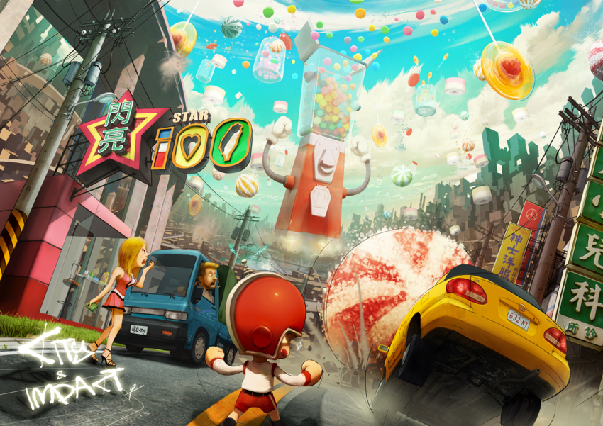 1boy 1girl american_football_helmet blonde_hair candy car car_crash city cityscape food gumball_machine helmet kei_truck ldt lollipop medium_hair motor_vehicle original oversized_food oversized_object short_hair sign taiwan toyota truck