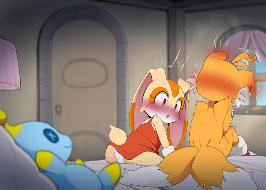 1boy 1girl animal_ears blush chao_(sonic) commentary cream_the_rabbit dagasi dress english_commentary fox_boy furry furry_female furry_male highres loli panties rabbit_ears rabbit_girl shota sonic_(series) tail tails_(sonic) underwear