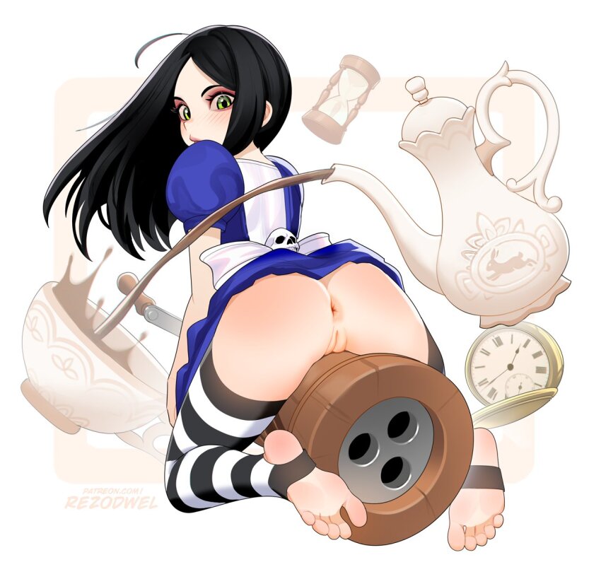 1girl alice:_madness_returns american_mcgee's_alice anus black_hair blush bottomless feet green_eyes highres long_hair looking_at_viewer looking_back open_mouth presenting pussy rezodwel socks soles stirrup_legwear tea toeless_legwear