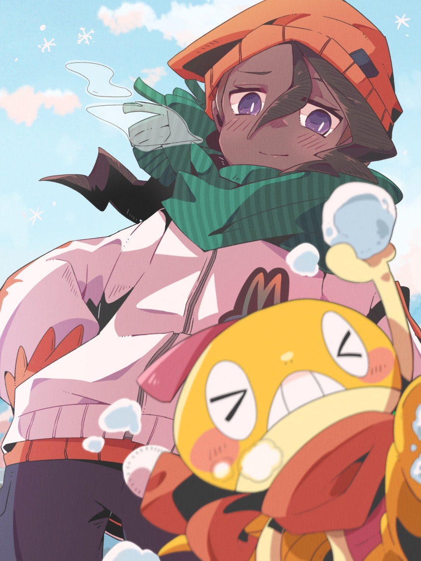 >_< 1boy beanie black_pants blush blush_stickers breath brown_hair clothed_pokemon cloud commentary_request cowboy_shot dark-skinned_male dark_skin day dutch_angle gen_5_pokemon green_scarf hand_on_own_hip hat highres holding holding_snowball jacket male_focus maru_(hachi_47923) naveen_(pokemon) nintendo no_nose nose_blush orange_hat pants pokemon pokemon_(creature) pokemon_legends:_z-a purple_eyes red_scarf scarf scraggy sky smile snow snowball snowflakes striped_clothes striped_scarf white_jacket winter zipper