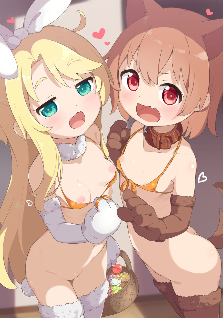 2girls animal_ears animal_hands aqua_eyes basket belt_collar bikini bikini_top_pull blonde_hair bottomless breasts brown_collar brown_hair brown_thighhighs collar collarbone commentary dog_ears dog_tail fake_animal_ears fake_tail fang front-tie_bikini_top front-tie_top fur-trimmed_thighhighs fur_collar fur_trim gloves halterneck heart highres himesaka_noa holding holding_basket hoshino_hinata loli long_hair looking_at_viewer makuran multiple_girls nipples open_mouth orange_bikini paw_gloves pulling_own_clothes rabbit_ears rabbit_tail red_eyes short_hair small_breasts swimsuit tail thighhighs very_long_hair watashi_ni_tenshi_ga_maiorita! white_collar white_thighhighs
