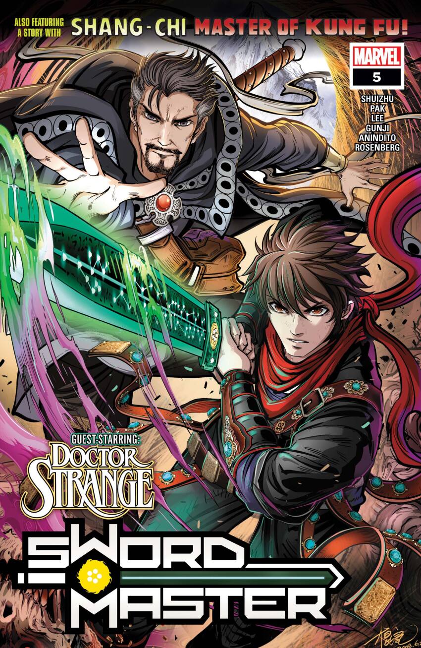 2boys absurdres artist_name bag black_facial_hair black_hair black_pants black_robe brown_eyes brown_hair cape character_name chen_xiaoyun_(gunji) clenched_teeth comic_cover company_name copyright_logo copyright_name cover cover_page doctor_strange doctor_strange_(series) english_text facial_hair floating_clothes grey_cape grey_eyes grey_hair highres holding holding_sword holding_weapon lin_lie_(marvel) logo male_focus marvel mature_male monster multicolored_hair multiple_boys official_alternate_costume official_art pants portal_(object) red_scarf robe scarf short_hair shoulder_bag sword sword_master_(marvel) teeth weapon weapon_on_back