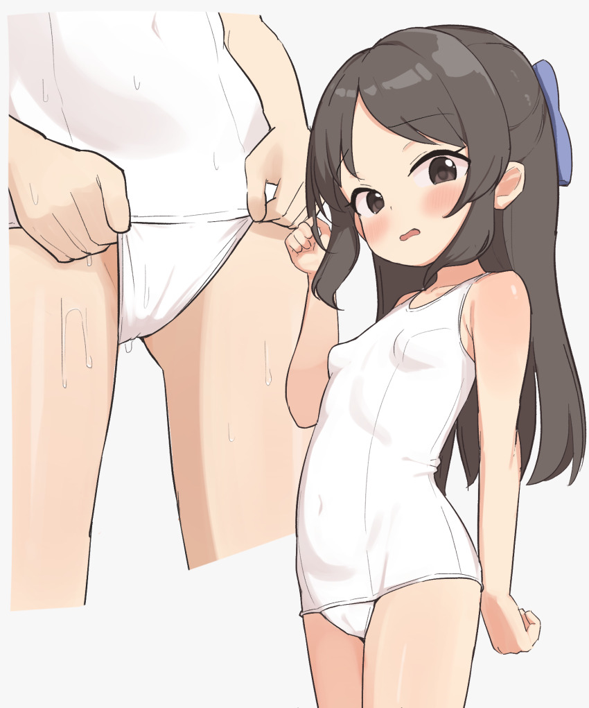 1girl blush breasts brown_eyes brown_hair covered_navel female_focus hair_ribbon highres idolmaster idolmaster_cinderella_girls idolmaster_cinderella_girls_u149 kok legs loli looking_at_viewer one-piece_swimsuit ribbon school_swimsuit self_wedgie small_breasts solo standing swimsuit tachibana_arisu thighs wedgie white_background