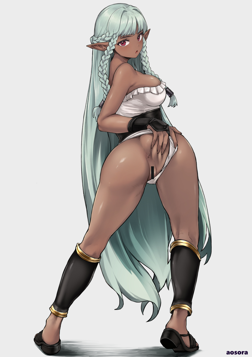 1girl absurdres anus aosora2823 ass bar_censor bare_shoulders blush braid breasts censored clothing_aside commentary_request dark-skinned_female dark_elf dark_skin duplicate elf from_behind full_body grabbing_own_ass green_hair hands_on_own_ass highres legs long_hair long_pointy_ears looking_at_viewer looking_back open_mouth panties panties_aside pixel-perfect_duplicate pointy_ears presenting puckered_anus pussy red_eyes rosalinde_(unicorn_overlord) sandals solo spread_ass spreading_own_ass standing thighs underwear unicorn_overlord very_long_hair