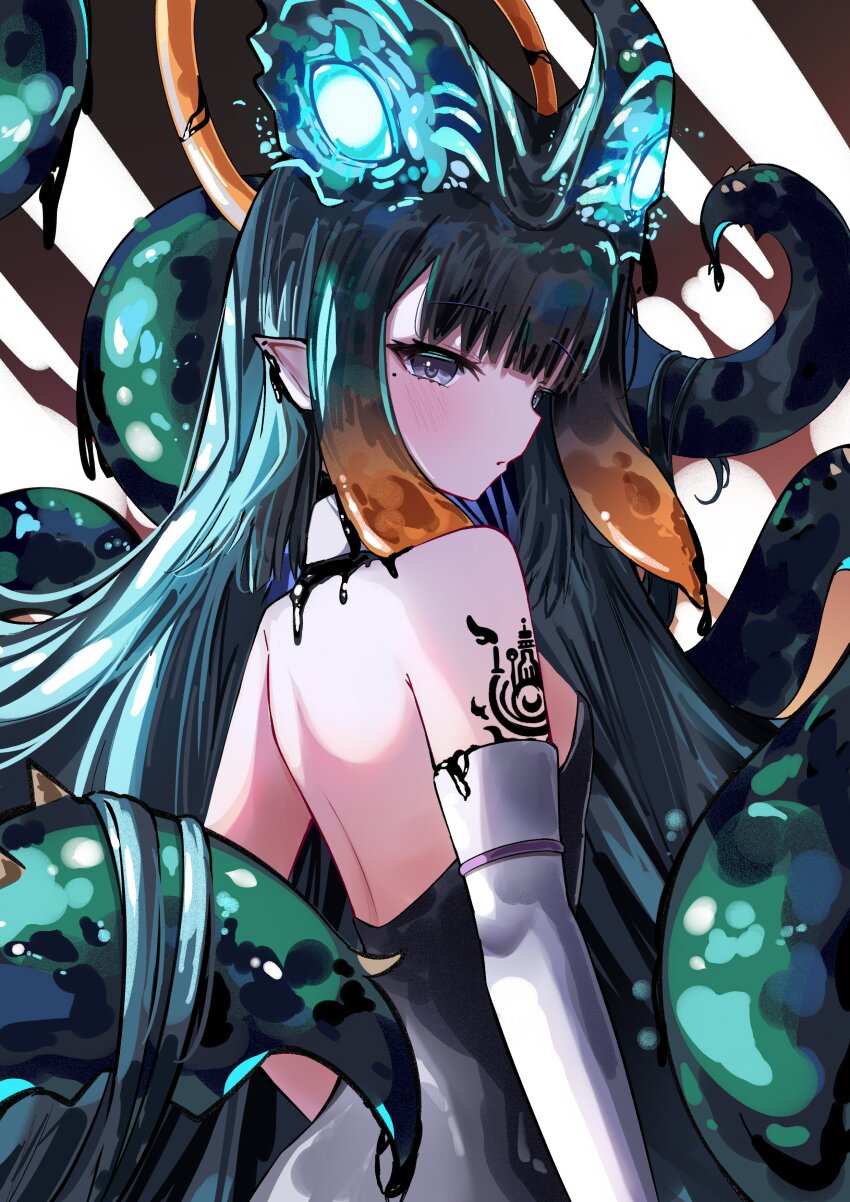 1girl absurdres arm_tattoo blunt_bangs commentary english_commentary gradient_hair highres hololive hololive_english long_hair mole mole_under_eye multicolored_hair ninomae_ina'nis orange_hair pointy_ears purple_hair rokusketch sidelocks solo tattoo tentacle_hair virtual_youtuber