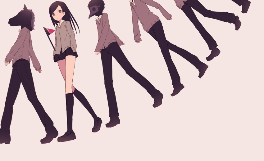 1girl 5boys black_shoes black_skirt black_socks cardigan collared_shirt dress_shirt flag grey_cardigan holding holding_flag horse_mask kneehighs loafers long_sleeves mask miniskirt multiple_boys original plague_doctor_mask pleated_skirt school_uniform shirt shoes skirt sleeves_past_wrists socks walking white_shirt yukitake_(bullfalk)