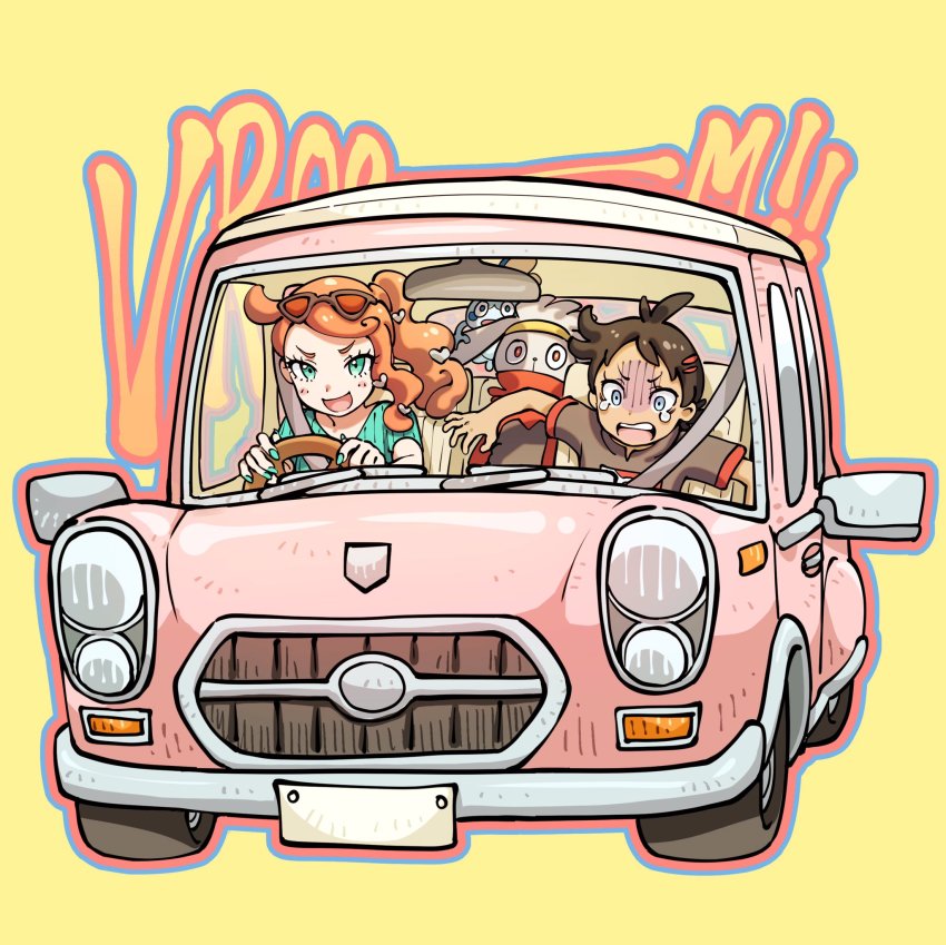 1boy 1girl antenna_hair bomhat brown_hair car driving eyelashes eyewear_on_head gen_8_pokemon goh_(pokemon) green_eyes green_nails green_shirt hair_ornament heart heart_hair_ornament highres long_hair motor_vehicle nail_polish nintendo open_mouth orange_hair pokemon pokemon_(anime) pokemon_(creature) pokemon_journeys pokemon_swsh042 raboot ribbed_shirt scared seatbelt shaded_face shirt short_sleeves side_ponytail sitting smile sobble sonia_(pokemon) sunglasses tearing_up teeth tongue vehicle_focus yellow_background