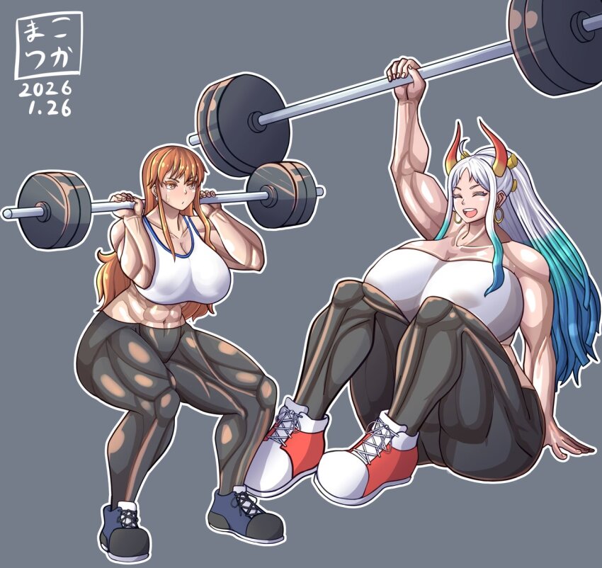 2girls ass bare_shoulders blue_hair breasts cleavage closed_eyes curvy dumbbell earrings female_focus full_body highres hoop_earrings horns huge_ass huge_breasts jewelry long_hair matching_hair/eyes midriff multicolored_hair multiple_girls muscular muscular_female nami_(one_piece) one_piece orange_eyes orange_hair ponytail poyozodoll shoes sitting sneakers thick_thighs thighs two-tone_hair white_hair wide_hips yamato_(one_piece)