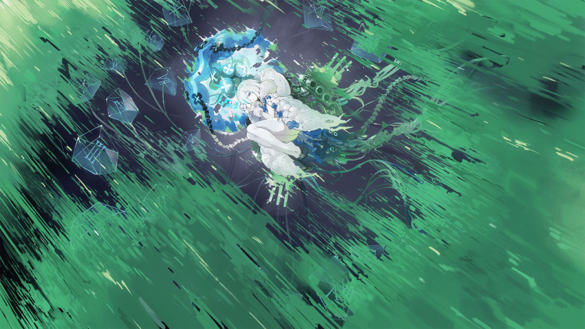 azur_lane blue_eyes crystal doll floating game_cg green_background highres jellyfish non-web_source observer_zero_(azur_lane) rigging roman_numeral ship_turret shirt siren_(azur_lane) string stuffed_toy white_hair white_shirt