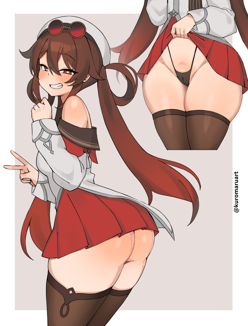 1girl absurdres ass black_panties black_thighhighs blush brown_hair cameltoe clothes_lift dress dress_lift eyewear_on_head g-string genshin_impact grin hat highleg highleg_panties highres hu_tao_(cherries_snow-laden)_(genshin_impact) hu_tao_(genshin_impact) kuromaruart long_hair long_sleeves looking_at_viewer panties simple_background smile sunglasses symbol-shaped_pupils thighhighs thong underwear v white_hat
