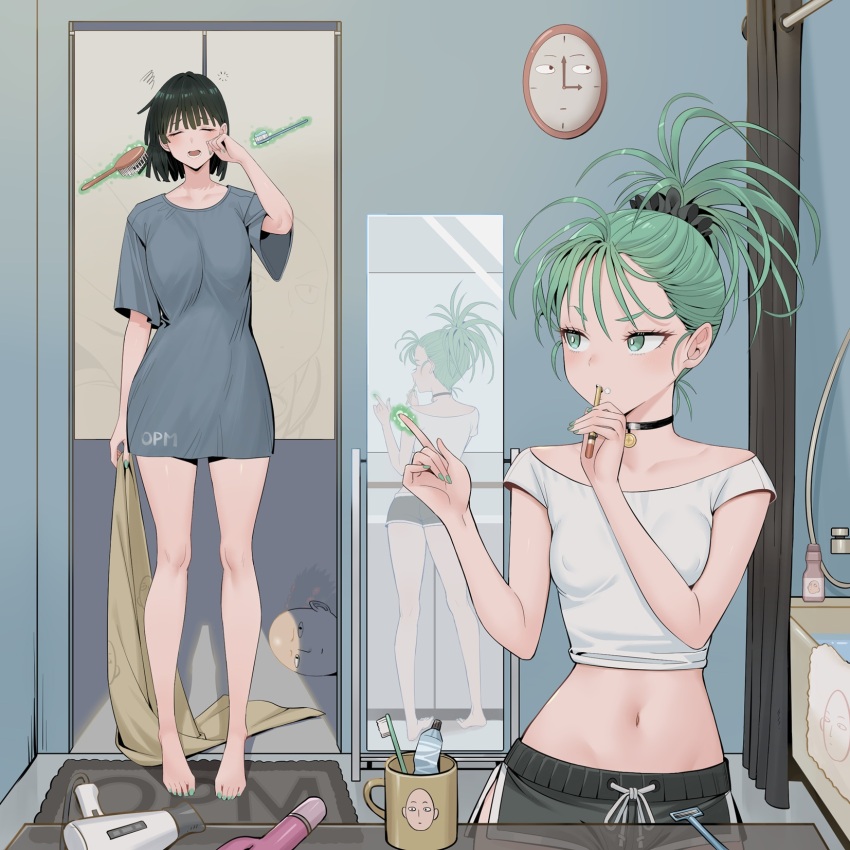 1boy 2girls bald barefoot black_shorts blue_shirt breasts brushing_teeth bygin clock closed_eyes commentary cup curly_hair english_commentary fubuki_(one-punch_man) green_eyes green_hair green_nails hair_dryer highres indoors medium_breasts midriff mirror mug multiple_girls navel one-punch_man rubbing_eyes saitama_(one-punch_man) shirt short_hair short_shorts short_sleeves shorts sleepy small_breasts standing stomach t-shirt tatsumaki toenails toothbrush toothbrush_in_mouth wall_clock white_shirt