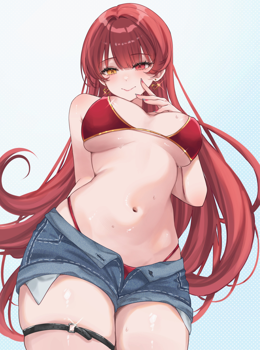 1girl absurdres areola_slip arm_behind_back bikini bikini_bottom_under_shorts bikini_under_clothes blue_shorts blush breasts cherriuna commentary_request cowboy_shot earrings gold_earrings heart heart_earrings heterochromia highres hololive houshou_marine houshou_marine_(summer) jewelry large_breasts long_hair nail_polish navel o-ring o-ring_thigh_strap official_alternate_costume open_fly red_eyes red_hair red_nails revision shorts smile solo stomach swimsuit thigh_strap underboob very_long_hair virtual_youtuber yellow_eyes