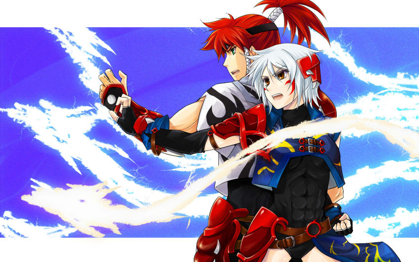 1boy 1girl abs aledy_naash banpresto belt brown_eyes cindy_bird elbow_gloves facepaint fighting_stance fingerless_gloves gloves green_eyes highres muscular red_hair riyan short_hair silver_hair super_robot_wars super_robot_wars_og_saga_mugen_no_frontier super_robot_wars_og_saga_mugen_no_frontier_exceed